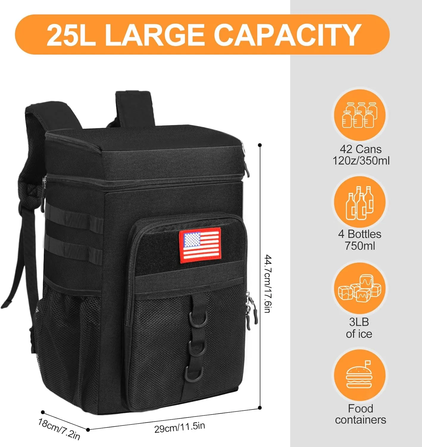 Tactical Backpack Cooler, 25L Cooler Backpack Insulated Leak-Proof, Heavy Duty Large Lunch Backpack, Waterproof Ice Chest Backpack, Cooler Lunch Backpack for Hiking,Travel, Outdoor,Black