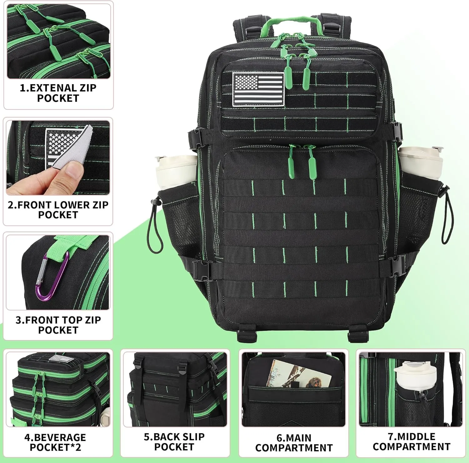 Tactical Backpack Daily Use Military Tactical Backpack for Men and Women 45L Backpack Fitness Backpack (45LBlack&Green)