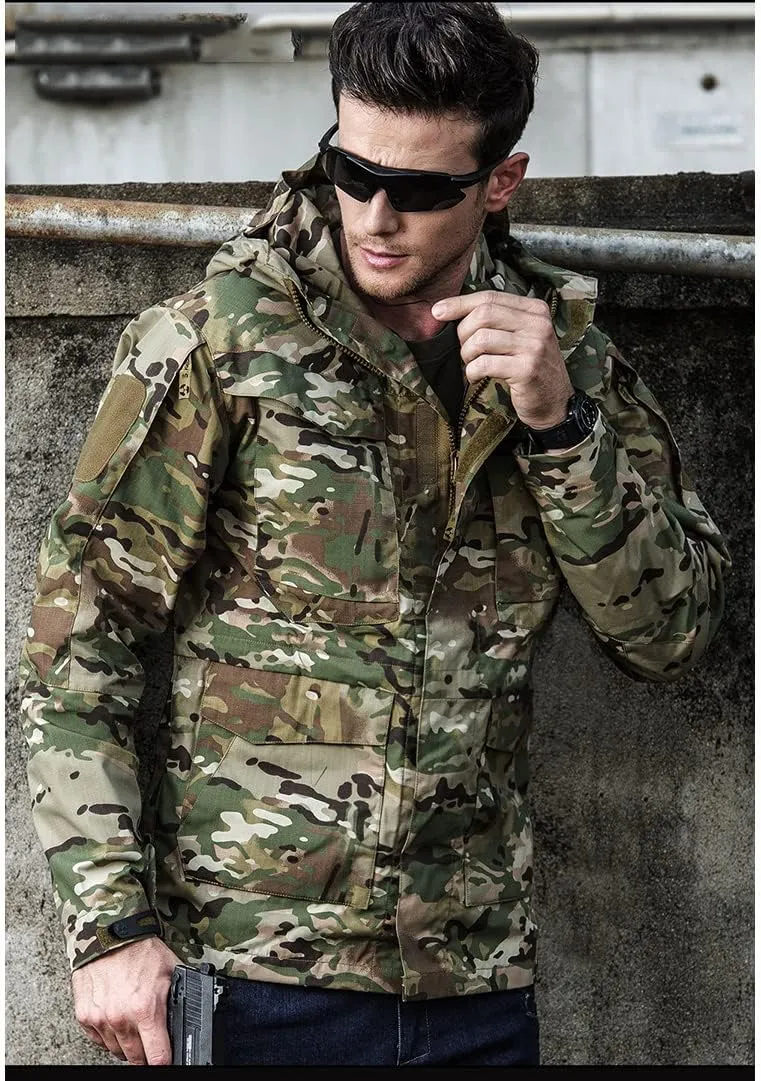 Tactical Jacket Men's Waterproof Windbreaker Jacket Men's Hooded Jacket Outdoor Fishing/Hiking Jacket(CP,XXL)