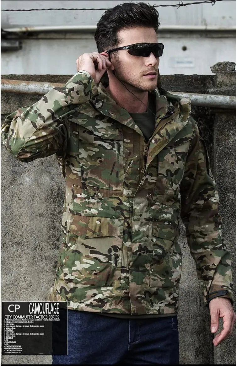 Tactical Jacket Men's Waterproof Windbreaker Jacket Men's Hooded Jacket Outdoor Fishing/Hiking Jacket(CP,XXL)