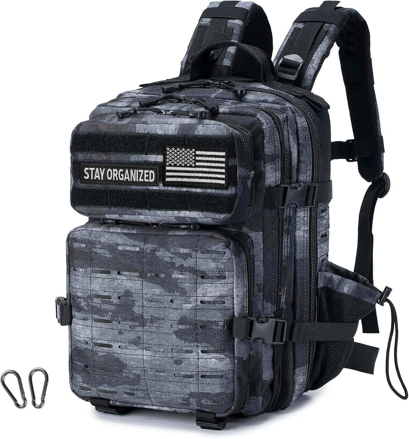 Tactical Military Backpack for Man, 25L Waterproof Army Pack Rucksack Hiking Laptop Backpack 3 Day Bug Out Bag, Includes Two Flags and Two Carabiner Camouflage