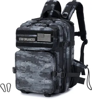 Tactical Military Backpack for Man, 25L Waterproof Army Pack Rucksack Hiking Laptop Backpack 3 Day Bug Out Bag, Includes Two Flags and Two Carabiner Camouflage
