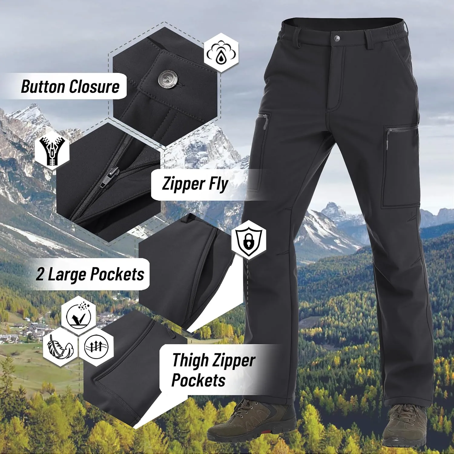 TACVASEN Men's Hiking Pants Fleece Lined Cargo Work Pants with 5 Pockets for Fishing Camping Travel