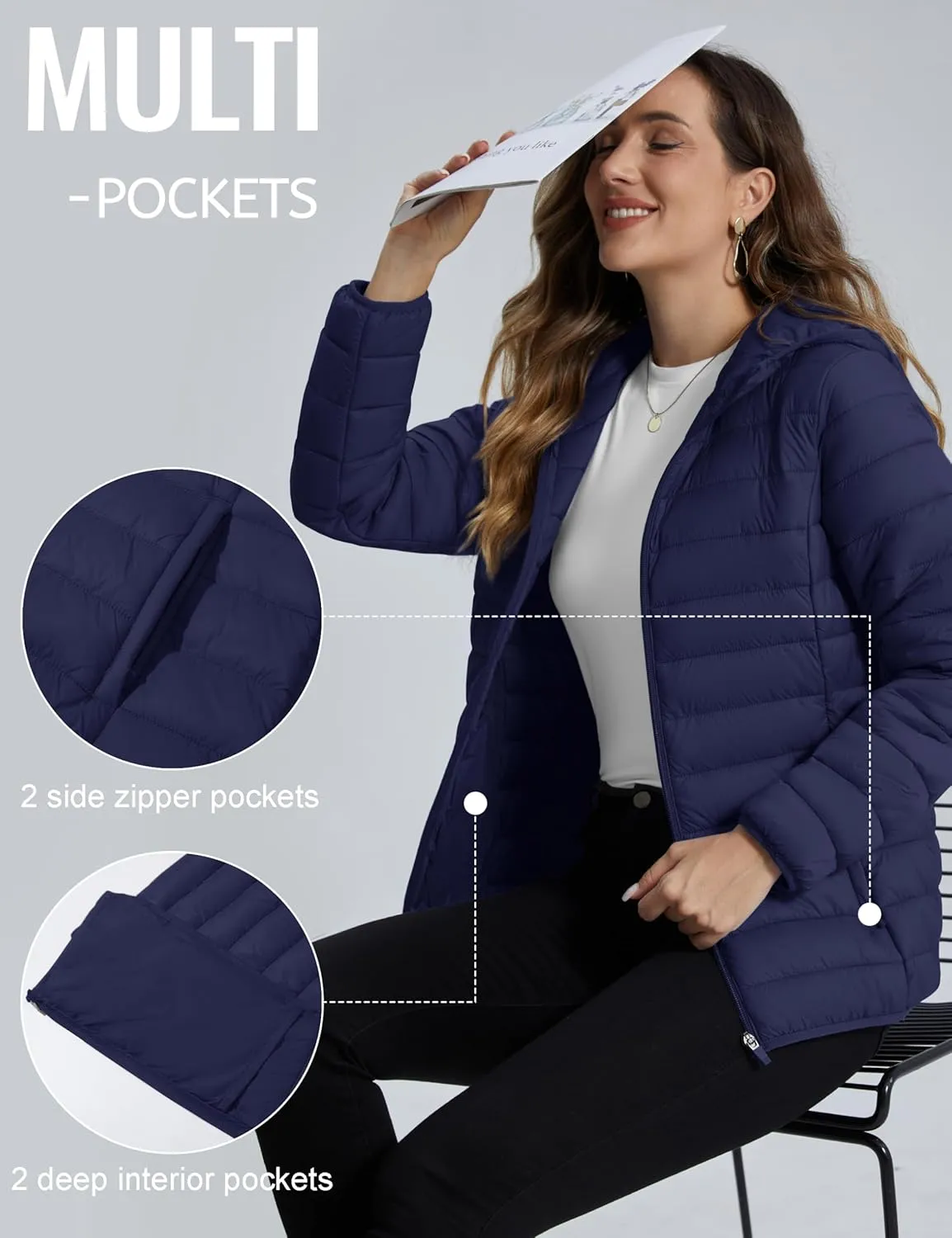 TACVASEN Women's Lightweight Puffer Jacket with Hood Pockets Quilted Padded Full-zip Winter Coat