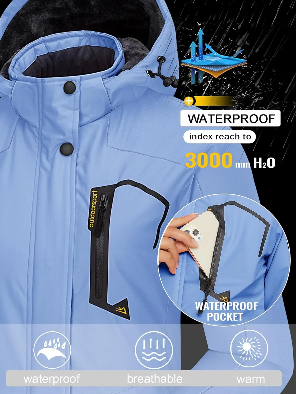 TACVASEN Women's Winter Jacket Waterproof Ski Jacket Hooded Fleece Lined Warm Snow Coat Mountain Windproof Rain Windbreaker