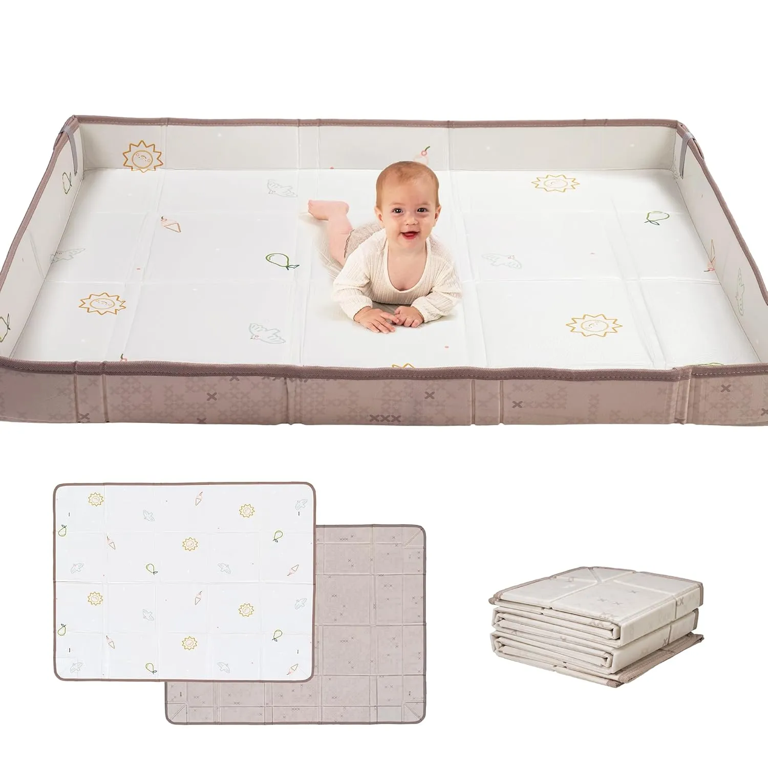 Taf Toys Foldable Soft Foam Baby Play Mat Waterproof Reversible Kids Play Mat for Floor Soft Foam Playmat Babies & Toddlers Extra Large 59.1"×71" Double-Sided Mat with Fold-Up Sides - Off White