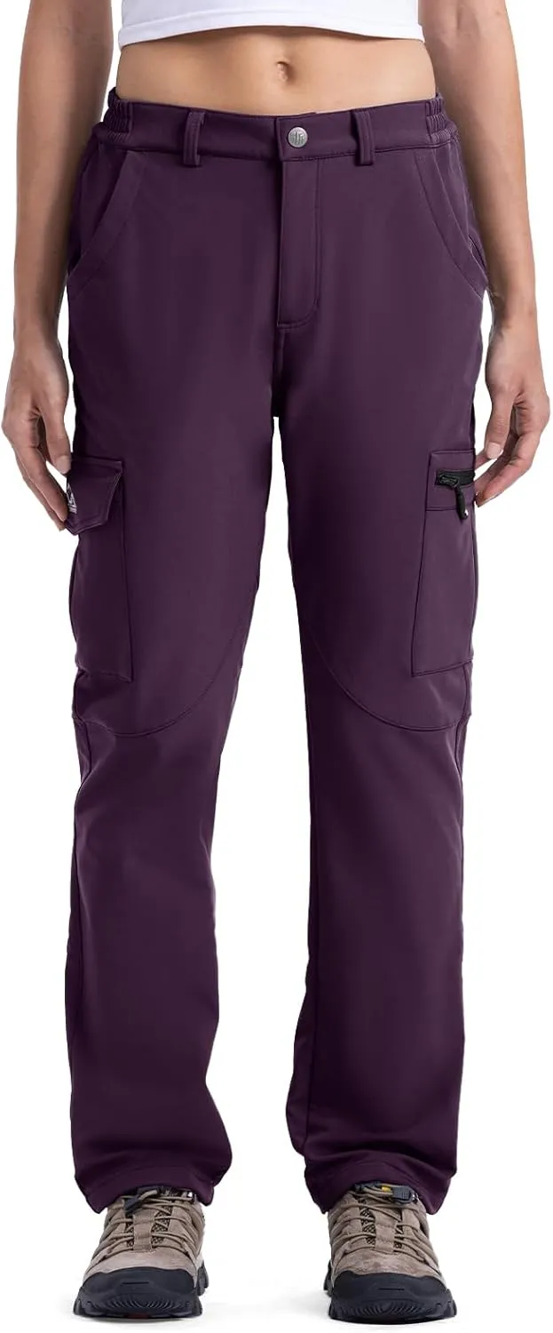 TBMPOY Women's Hiking Cargo Pants Outdoor Waterproof Windproof Softshell Fleece Snow Pants