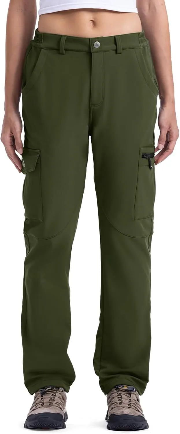 TBMPOY Women's Hiking Cargo Pants Outdoor Waterproof Windproof Softshell Fleece Snow Pants