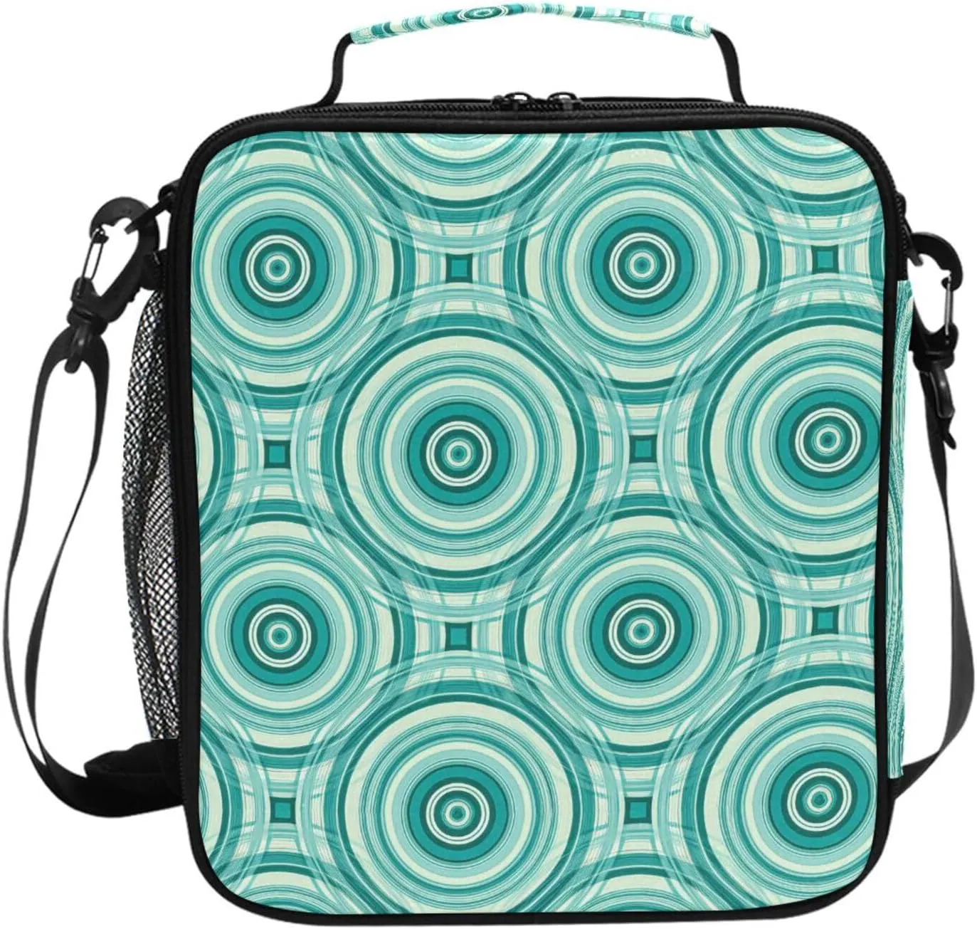 Teal Concentric Circle Aqua Lunch Box for Kids Girls Boys Insulated Lunch Bag for Women Men Large Tote Reusable Leakproof Cooler Bag with Adjustable Shoulder Strap for Work Picnic Travel Adult