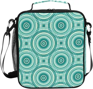 Teal Concentric Circle Aqua Lunch Box for Kids Girls Boys Insulated Lunch Bag for Women Men Large Tote Reusable Leakproof Cooler Bag with Adjustable Shoulder Strap for Work Picnic Travel Adult
