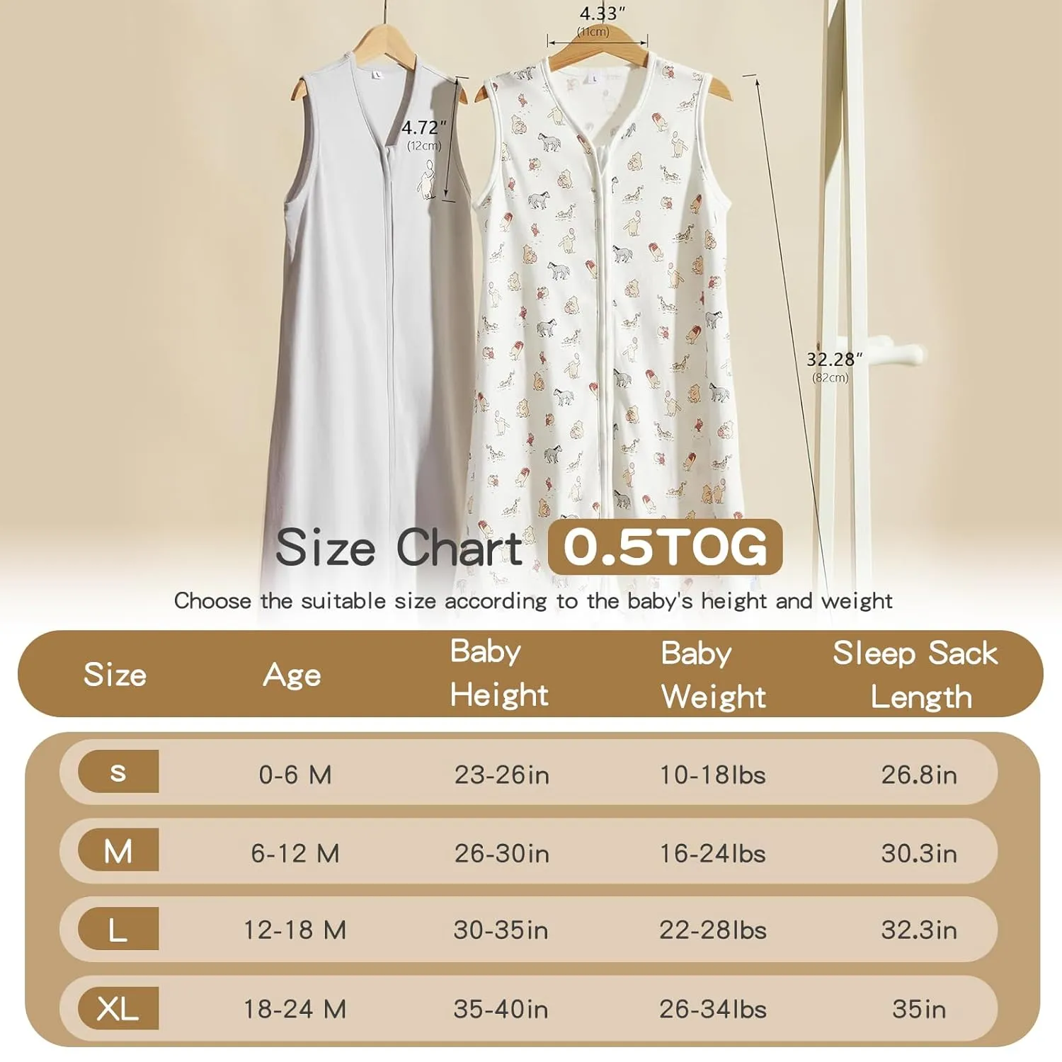 TILLYOU Sleep Sack 12-18 Months - 0.5 TOG Baby Wearable Blanket with 2-Way Zipper, Extra Soft Cotton Sleeveless Sleeping sack 2 Pack, Bear Forest & Grey