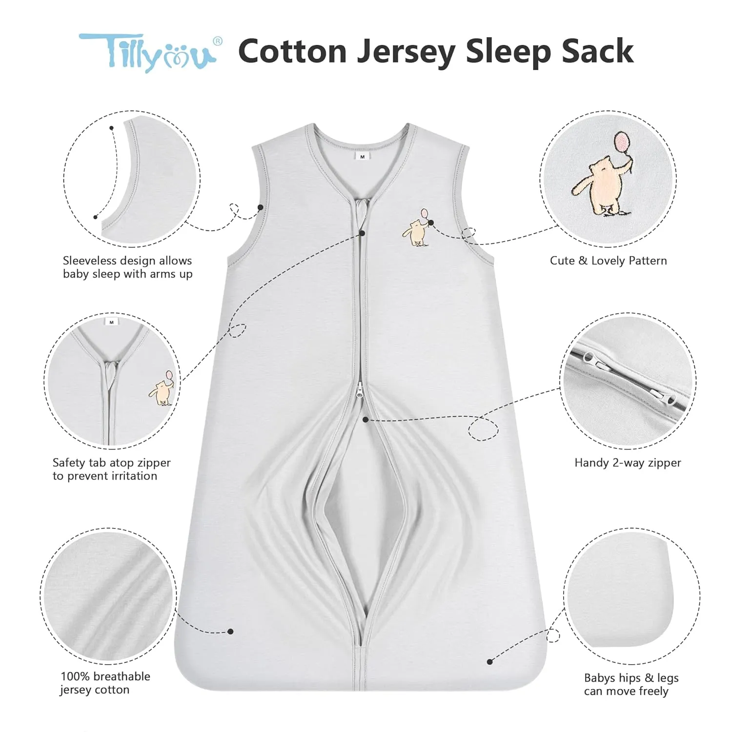 TILLYOU Sleep Sack 12-18 Months - 0.5 TOG Baby Wearable Blanket with 2-Way Zipper, Extra Soft Cotton Sleeveless Sleeping sack 2 Pack, Bear Forest & Grey