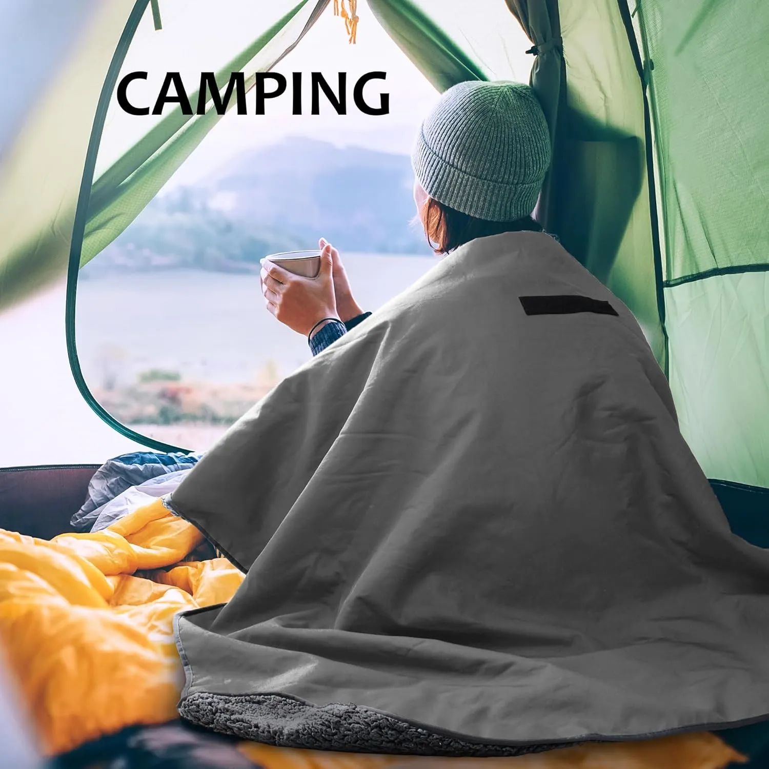 Tirrinia Outdoors Waterproof Camping Blanket,Sherpa Fleece Warm Windproof Soccer Stadium Blanket for Car Football Beach Concerts,51''X 59''