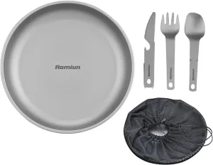Titanium Camping Plate Utensil Set of 4, Ultralight Titanium Plate Dish with Knife Fork Spoon, Portable Outdoor Camping Tableware Cutlery Cookware for Backpacking Hiking Travelling Picnic BBQ