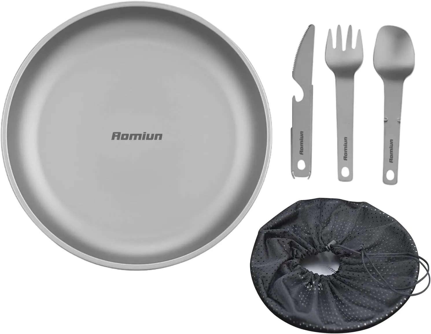 Titanium Camping Plate Utensil Set of 4, Ultralight Titanium Plate Dish with Knife Fork Spoon, Portable Outdoor Camping Tableware Cutlery Cookware for Backpacking Hiking Travelling Picnic BBQ