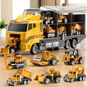 Toddler Boys Toys for 3-5 Years Old, Construction Truck Vehicle Toy Set with Play Mat, Die-Cast Toy Car Carrier Truck for Boys Kids, Birthday Gifts Toys for 3-8 Year Old Boys