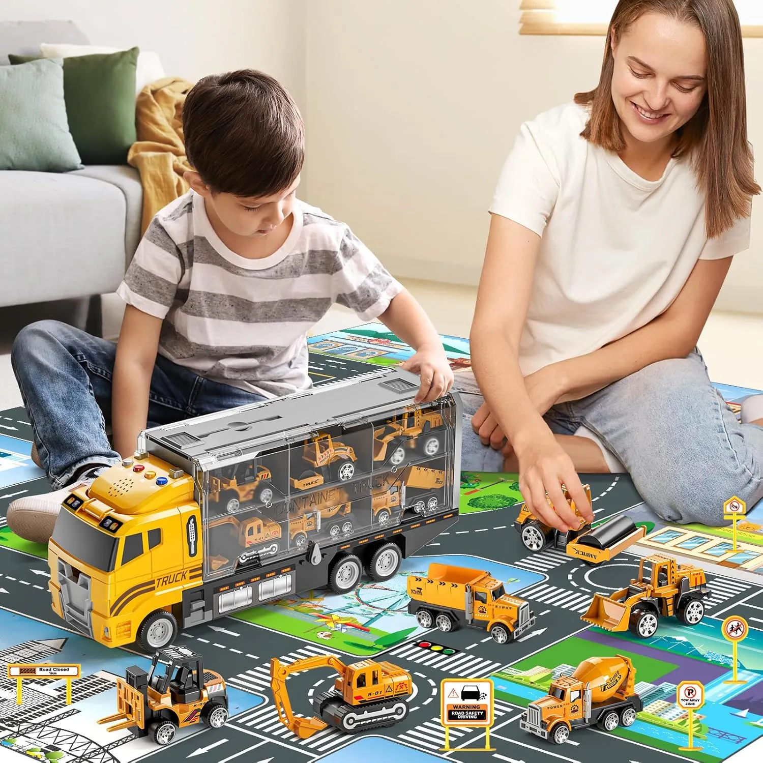 Toddler Boys Toys for 3-5 Years Old, Construction Truck Vehicle Toy Set with Play Mat, Die-Cast Toy Car Carrier Truck for Boys Kids, Birthday Gifts Toys for 3-8 Year Old Boys