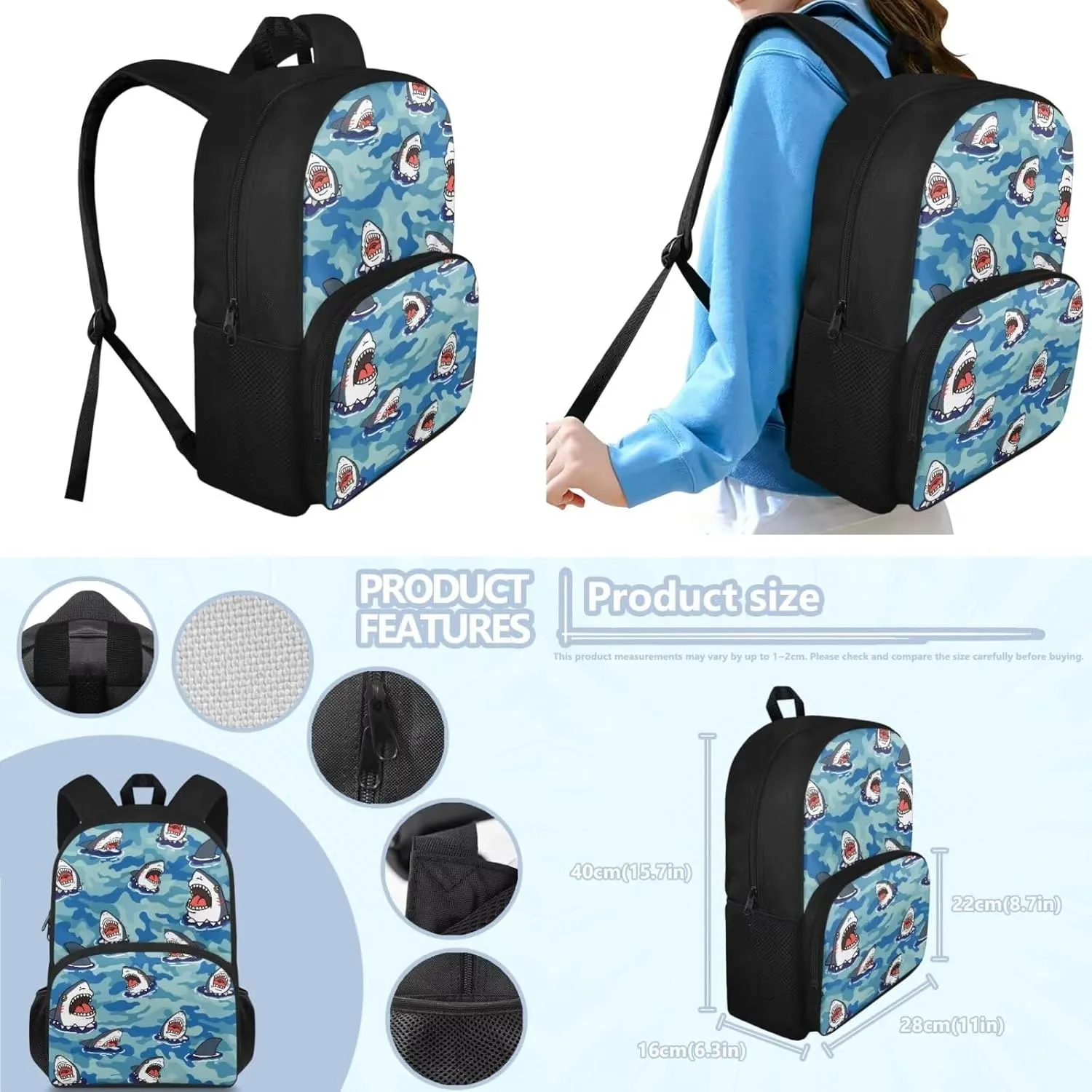 Toddler Girl Backpack and Lunch Box Set Primary Boys Cartoon Shark Backpacks School Bags with Carrying Handles School Backpack for Teens Fashion School Backpack