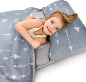 Toddler Nap Mat with Pillow and Blanket, Cot Nap Mats for Daycare Preschool Kindergarten, Lightweight Portable Travel Sleeping Bag for Kids, Grey