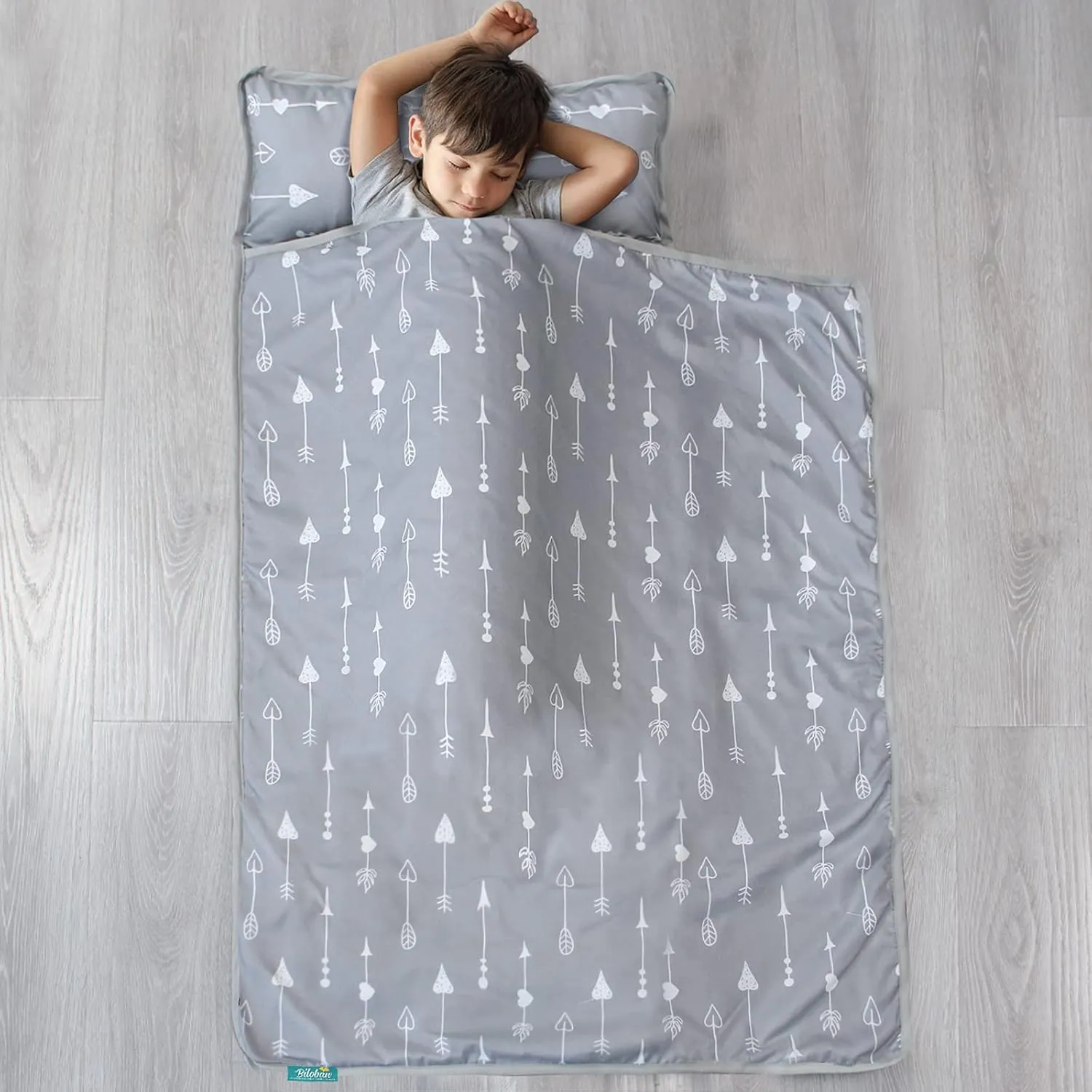 Toddler Nap Mat with Pillow and Blanket, Cot Nap Mats for Daycare Preschool Kindergarten, Lightweight Portable Travel Sleeping Bag for Kids, Grey
