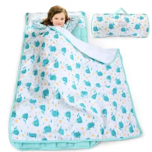 Toddler Nap Mat with Pillow and Blanket, Cot Nap Mats for Daycare Preschool, Lightweight Portable Travel Sleeping Bag for Kids, Warm & Skin-Friendly, Blue Whale, 50" x 21"
