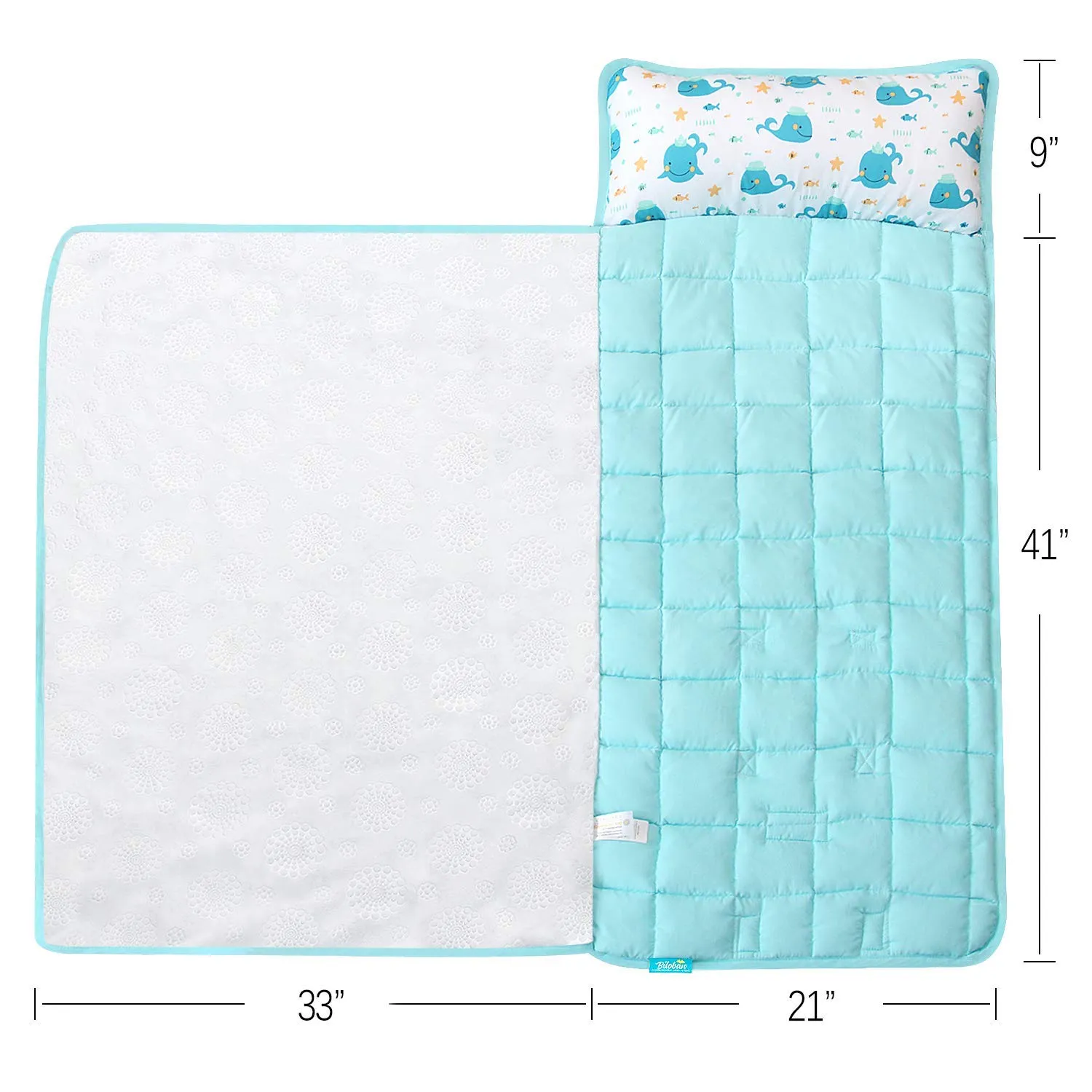 Toddler Nap Mat with Pillow and Blanket, Cot Nap Mats for Daycare Preschool, Lightweight Portable Travel Sleeping Bag for Kids, Warm & Skin-Friendly, Blue Whale, 50" x 21"