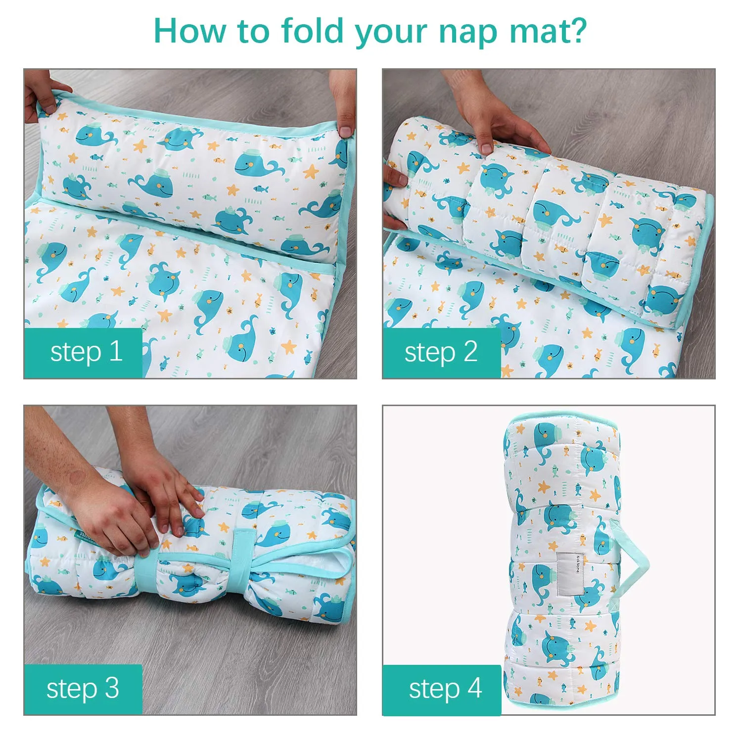 Toddler Nap Mat with Pillow and Blanket, Cot Nap Mats for Daycare Preschool, Lightweight Portable Travel Sleeping Bag for Kids, Warm & Skin-Friendly, Blue Whale, 50" x 21"