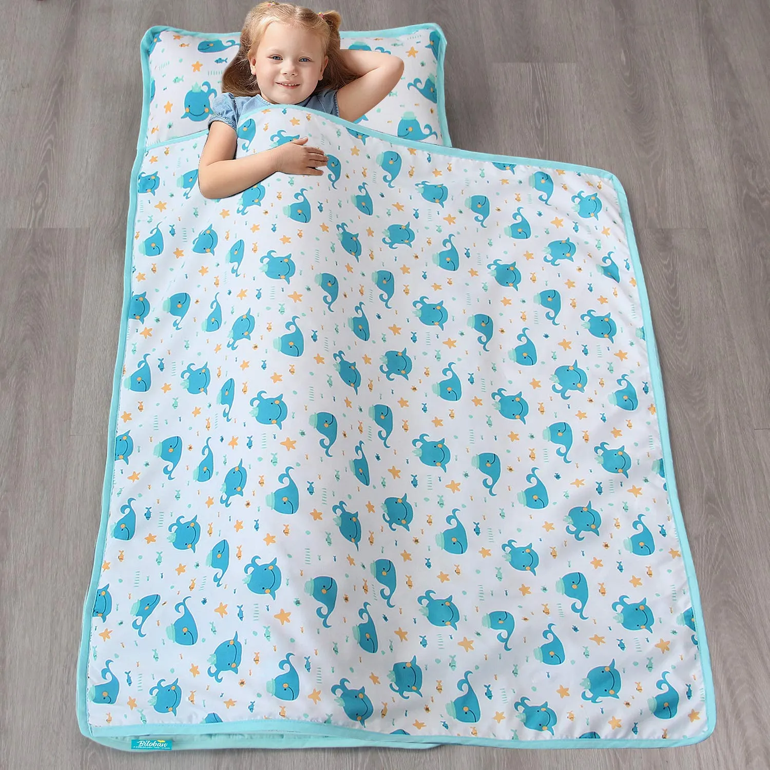 Toddler Nap Mat with Pillow and Blanket, Cot Nap Mats for Daycare Preschool, Lightweight Portable Travel Sleeping Bag for Kids, Warm & Skin-Friendly, Blue Whale, 50" x 21"