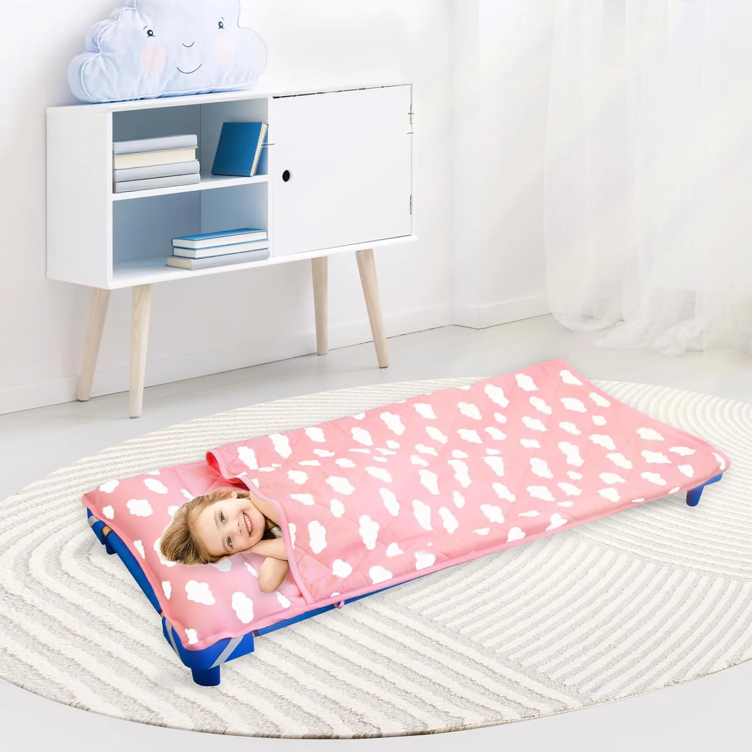 Toddler Nap Mat with Pillow and Blanket, Cot Nap Mats for Standard Daycare Preschool, Roll up Lightweight Portable Sleeping Bag for Kids, Super Soft Cozy, Pink Cloud, 52" x 23"