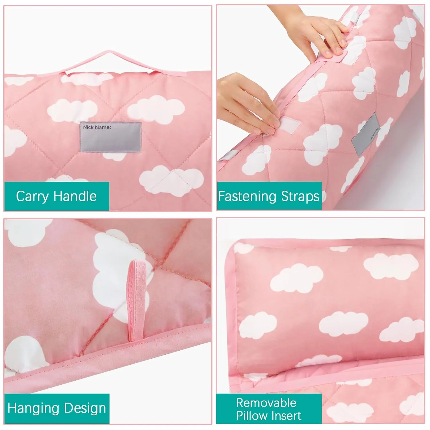 Toddler Nap Mat with Pillow and Blanket, Cot Nap Mats for Standard Daycare Preschool, Roll up Lightweight Portable Sleeping Bag for Kids, Super Soft Cozy, Pink Cloud, 52" x 23"