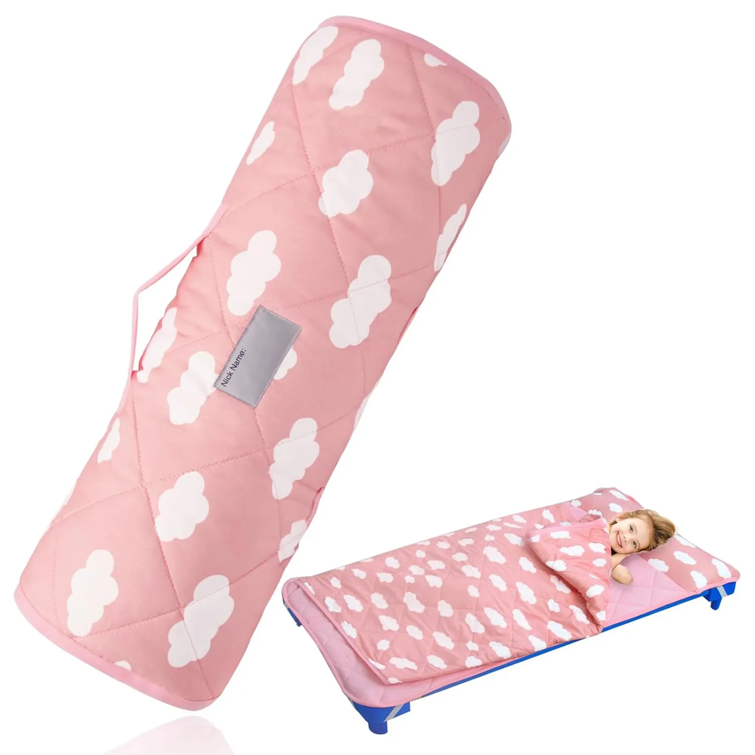 Toddler Nap Mat with Pillow and Blanket, Cot Nap Mats for Standard Daycare Preschool, Roll up Lightweight Portable Sleeping Bag for Kids, Super Soft Cozy, Pink Cloud, 52" x 23"