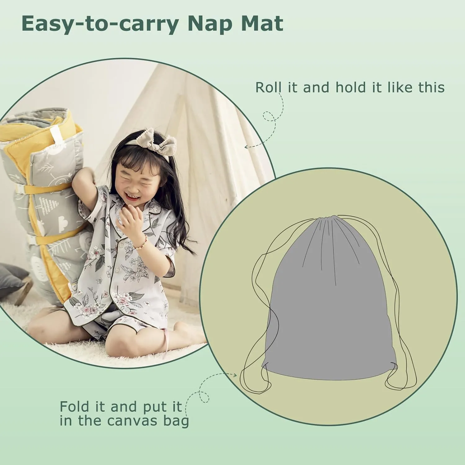 Toddlers Nap Mat with Removable Pillow and Soft Blanket, Lightweight Daycare Preschool Kindergarten Sleeping Bag, Travel Slumber for Kids Girls Boys