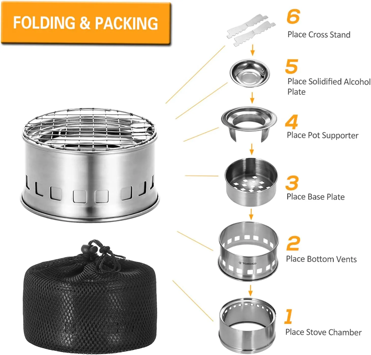 TOMSHOO Portable Folding Windproof Wood Burning Stove Compact Stainless Steel Alcohol Stove Outdoor Camping Hiking Backpacking Picnic BBQ