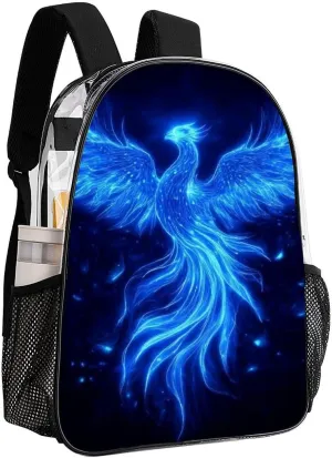 Transparent Daypack Backpack for Climbing Outdoors Running - Big Capacity Multipurpose Anti-Theft Bookbag, Blue Fire Flame Bird Black Travel Hiking & Camping Rucksack