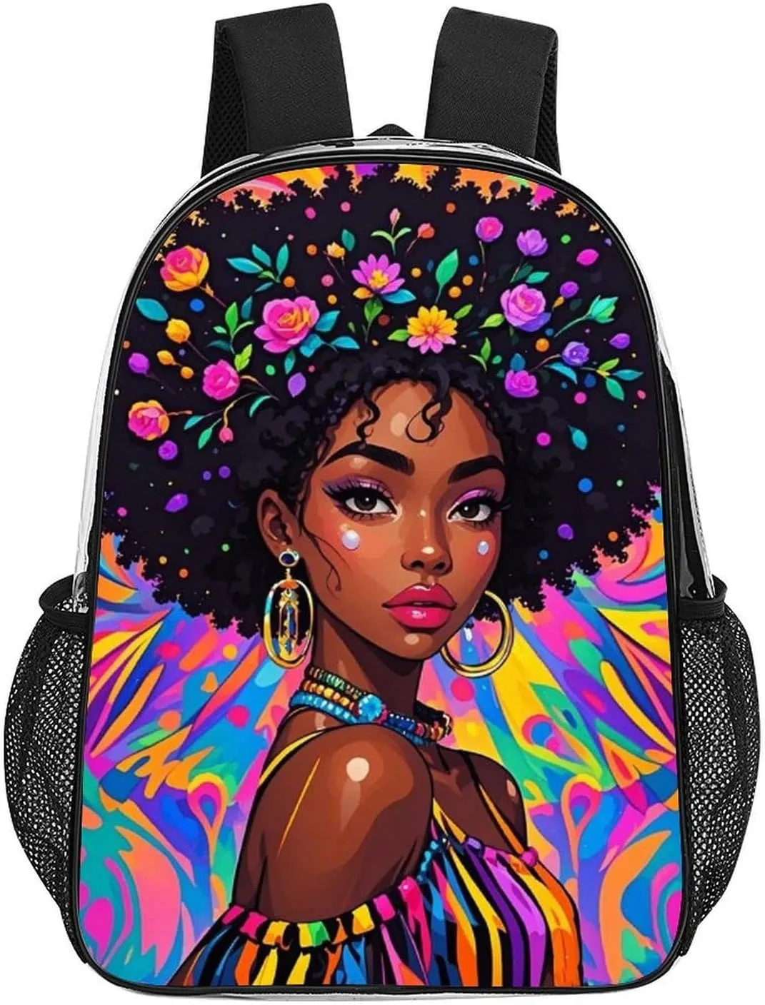 Transparent Daypack Backpack for Climbing Outdoors Running - Big Capacity Multipurpose Anti-Theft Bookbag, Chic Cartoon Woman African American Black Women Art Travel Hiking & Camping Rucksack