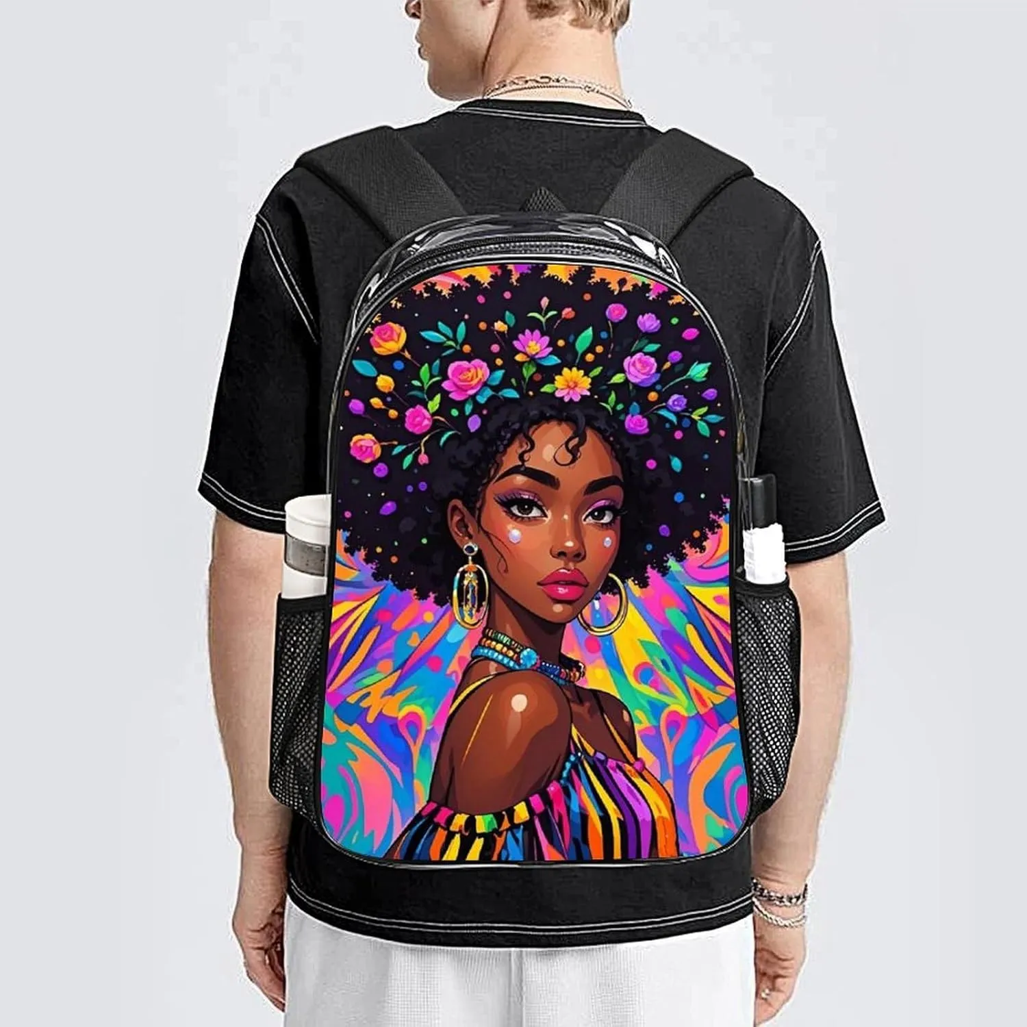 Transparent Daypack Backpack for Climbing Outdoors Running - Big Capacity Multipurpose Anti-Theft Bookbag, Chic Cartoon Woman African American Black Women Art Travel Hiking & Camping Rucksack