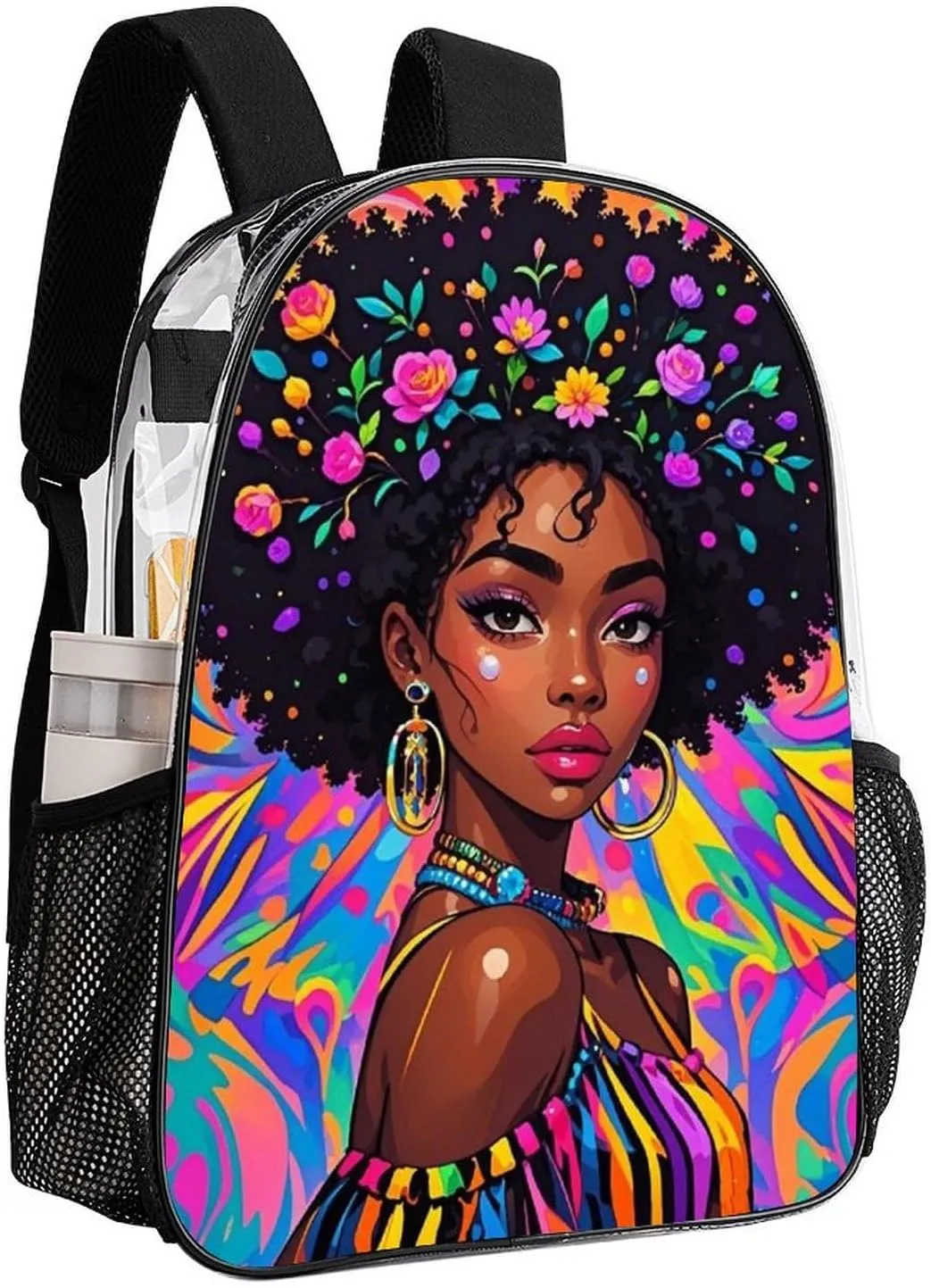 Transparent Daypack Backpack for Climbing Outdoors Running - Big Capacity Multipurpose Anti-Theft Bookbag, Chic Cartoon Woman African American Black Women Art Travel Hiking & Camping Rucksack