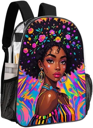 Transparent Daypack Backpack for Climbing Outdoors Running - Big Capacity Multipurpose Anti-Theft Bookbag, Chic Cartoon Woman African American Black Women Art Travel Hiking & Camping Rucksack