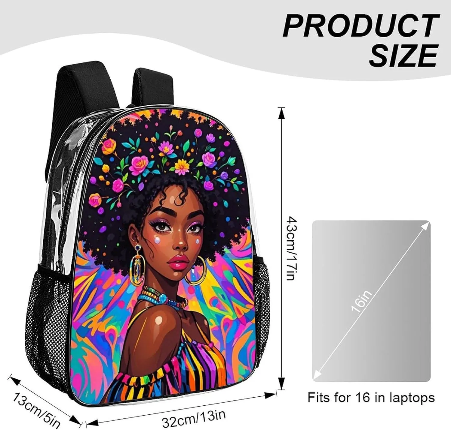 Transparent Daypack Backpack for Climbing Outdoors Running - Big Capacity Multipurpose Anti-Theft Bookbag, Chic Cartoon Woman African American Black Women Art Travel Hiking & Camping Rucksack