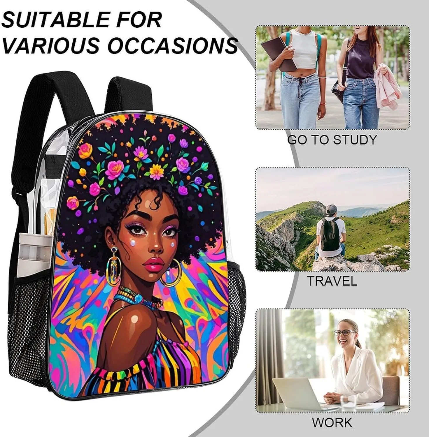 Transparent Daypack Backpack for Climbing Outdoors Running - Big Capacity Multipurpose Anti-Theft Bookbag, Chic Cartoon Woman African American Black Women Art Travel Hiking & Camping Rucksack