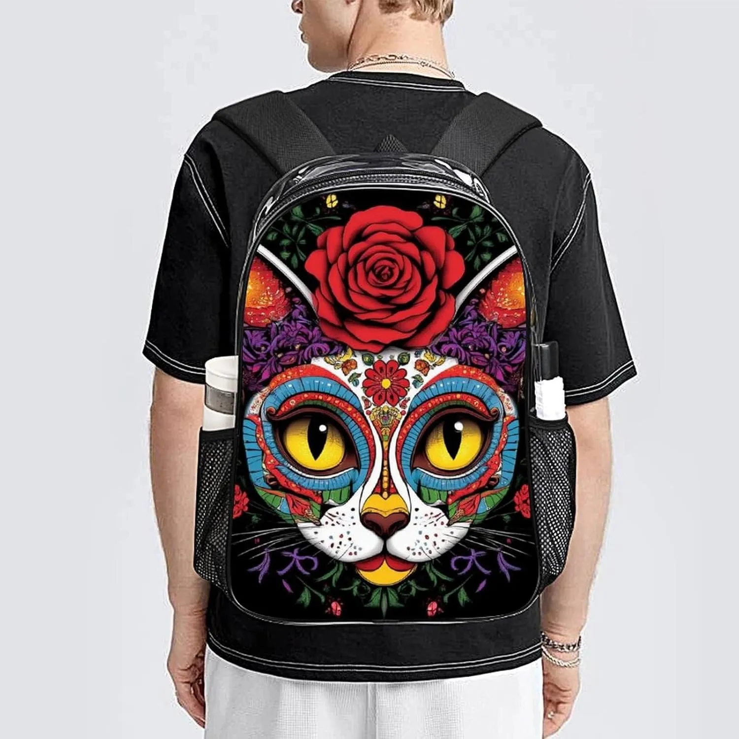Transparent Daypack Bookbag for Gym Business Bicycle - Large Capacity Multipurpose Anti-Theft Carry On Bag, Day Of The Dead Kitty Cat Sugar Skull Travel Hiking Daypack