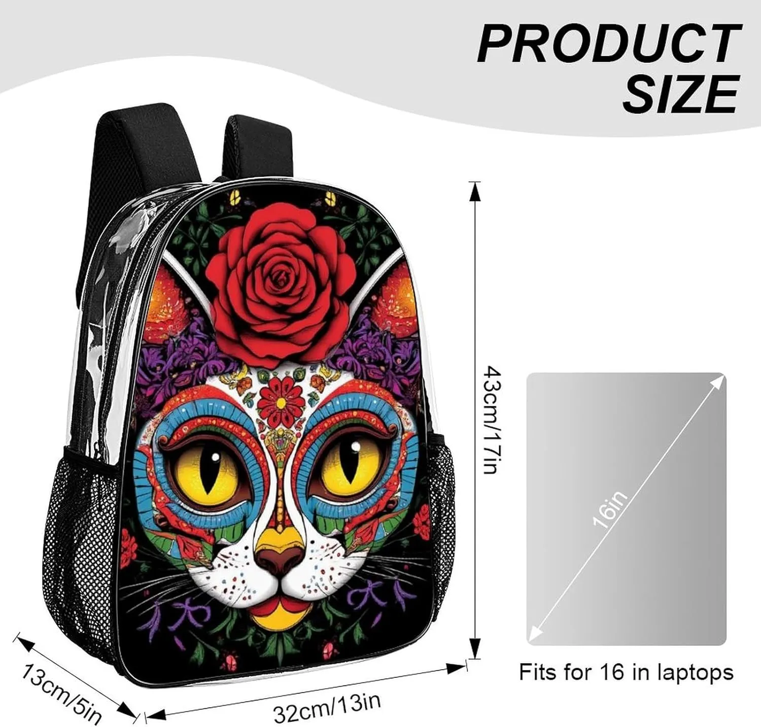 Transparent Daypack Bookbag for Gym Business Bicycle - Large Capacity Multipurpose Anti-Theft Carry On Bag, Day Of The Dead Kitty Cat Sugar Skull Travel Hiking Daypack