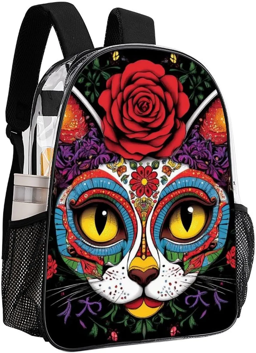Transparent Daypack Bookbag for Gym Business Bicycle - Large Capacity Multipurpose Anti-Theft Carry On Bag, Day Of The Dead Kitty Cat Sugar Skull Travel Hiking Daypack
