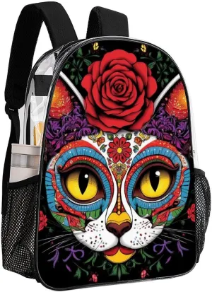 Transparent Daypack Bookbag for Gym Business Bicycle - Large Capacity Multipurpose Anti-Theft Carry On Bag, Day Of The Dead Kitty Cat Sugar Skull Travel Hiking Daypack