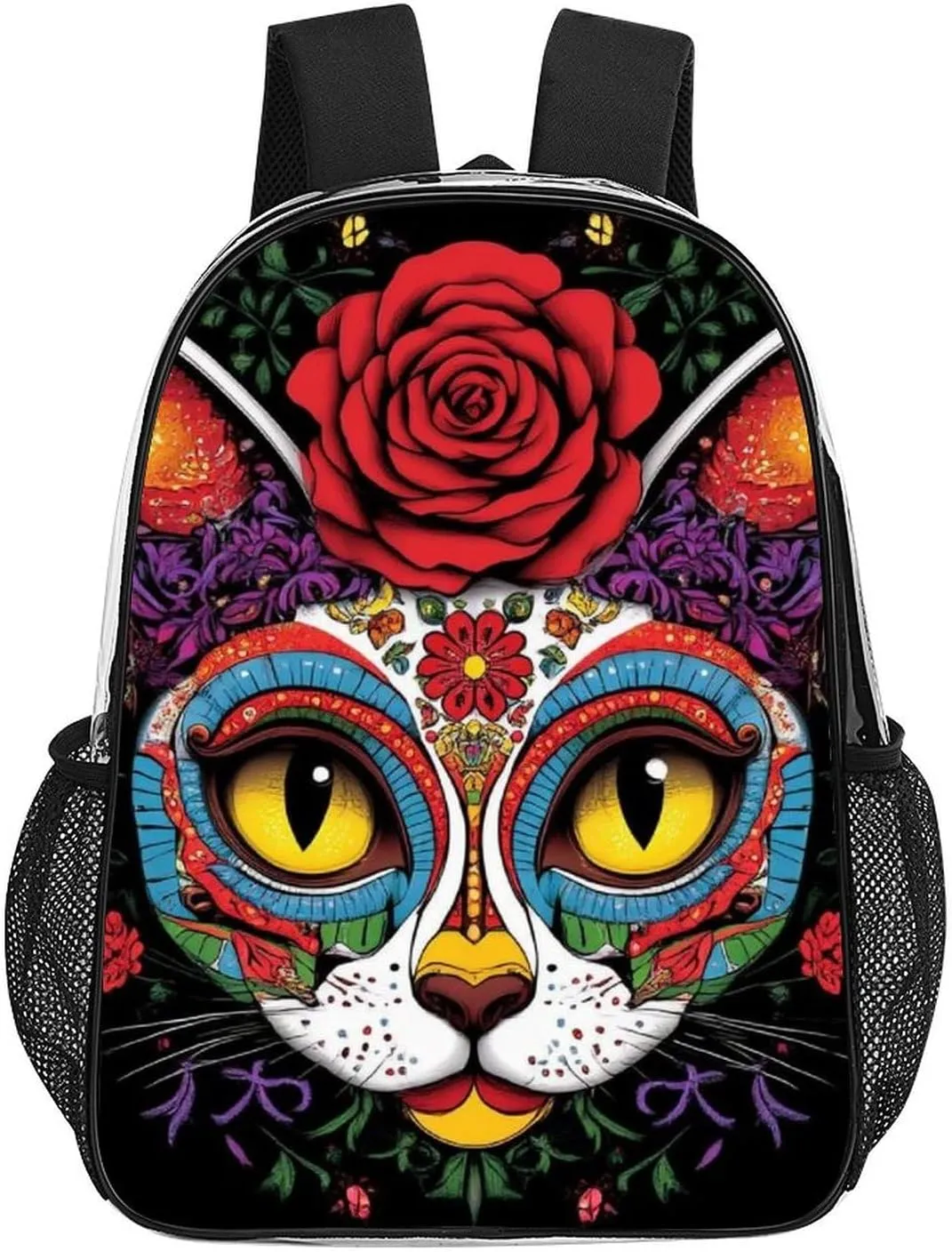 Transparent Daypack Bookbag for Gym Business Bicycle - Large Capacity Multipurpose Anti-Theft Carry On Bag, Day Of The Dead Kitty Cat Sugar Skull Travel Hiking Daypack