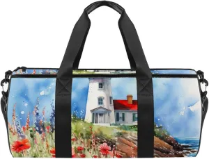 Travel Bag,Mens Gym Bag,Womens Gym Bag,Flower Bush Summer Lighthouse,Sports Bag