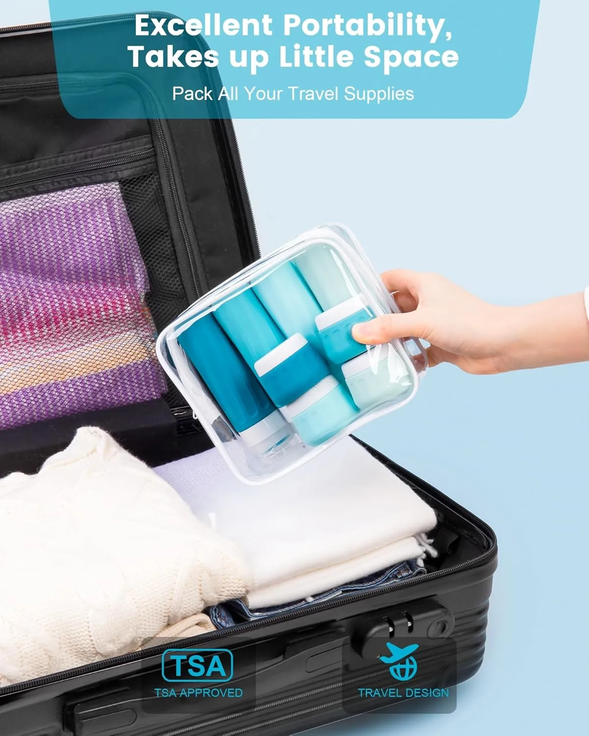 Travel Bottles for Toiletries, Travel Size Toiletries 10 Pack, Tsa Approved Travel Size Containers 3oz, with Travel Essentials Clear Bag, Leak Proof Silicone Squeezable Creams Jars