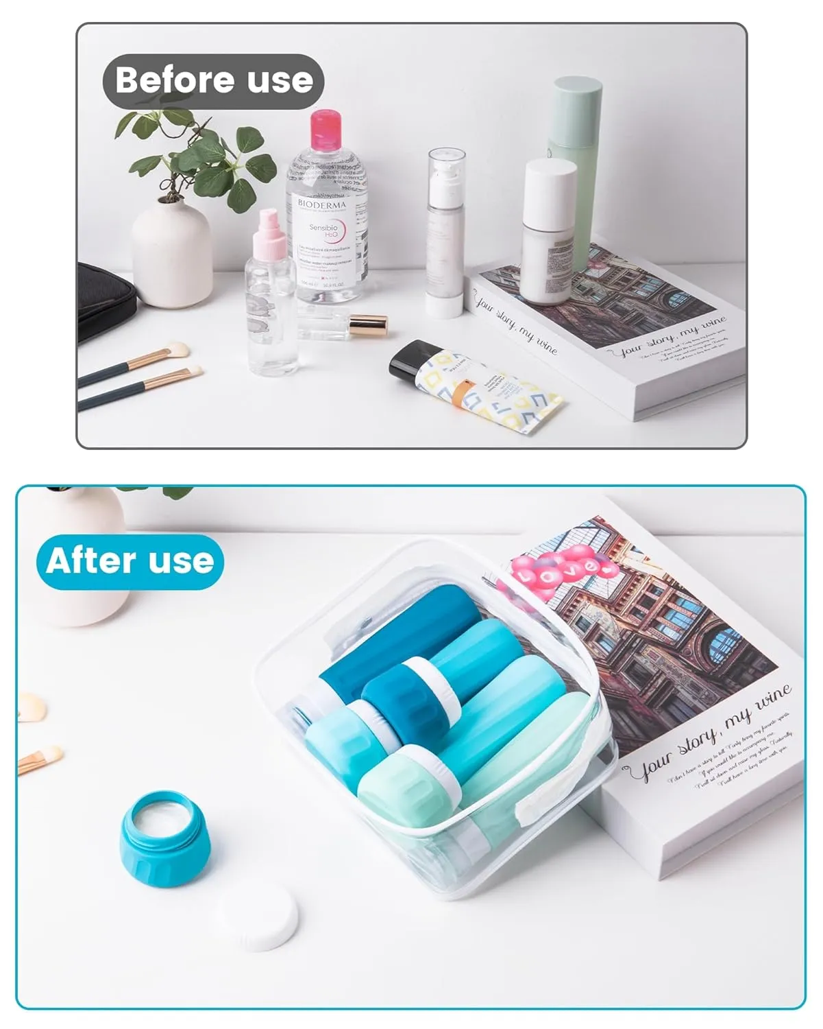 Travel Bottles for Toiletries, Travel Size Toiletries 10 Pack, Tsa Approved Travel Size Containers 3oz, with Travel Essentials Clear Bag, Leak Proof Silicone Squeezable Creams Jars
