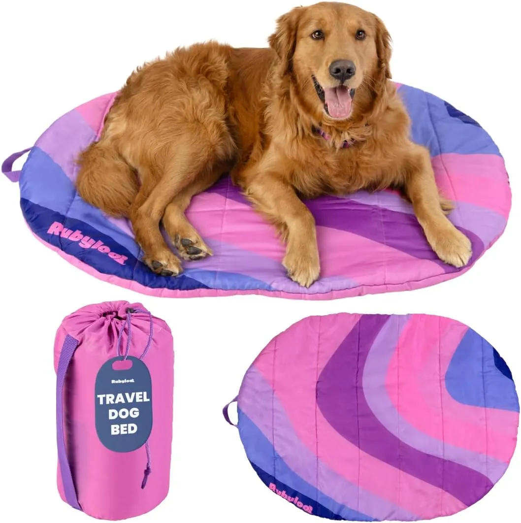 Travel Dog Bed (42" x 30") – Foldable, Roll-Up Camping Dog Bed – Waterproof, Soft & Durable Mat with Extra Padding – Compact & Packable – Machine Washable – for Large & Small Breeds - Pink