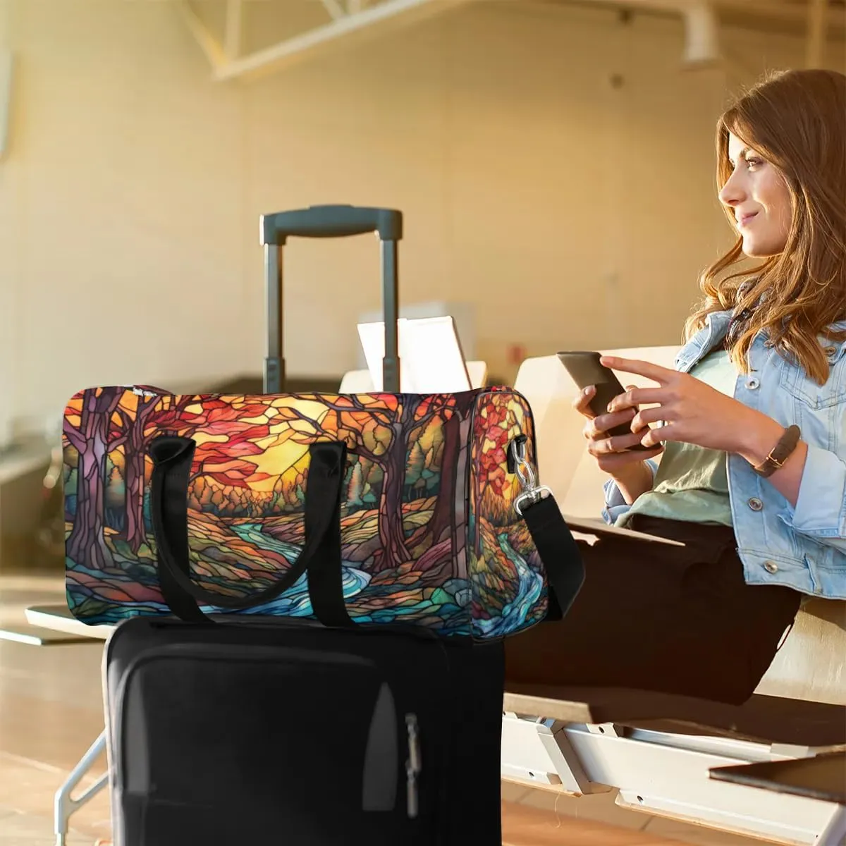 Travel Duffel Bag, Glass Painting Autumn Fall Forest Sports Tote Gym Bag Foldable Western Aztec Weekender Bag Carry on Luggage Handle Bag Overnight Shoulder Bag for Women Men,A-019